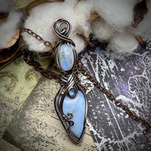Blue Owyhee Opal and Rainbow moonstone in copper.