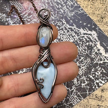 Blue Owyhee Opal and Rainbow moonstone in copper.