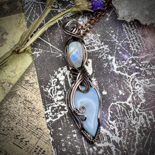 Blue Owyhee Opal and Rainbow moonstone in copper.