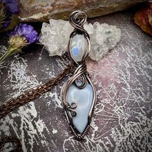 Blue Owyhee Opal and Rainbow moonstone in copper.