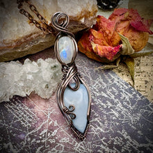 Blue Owyhee Opal and Rainbow moonstone in copper.